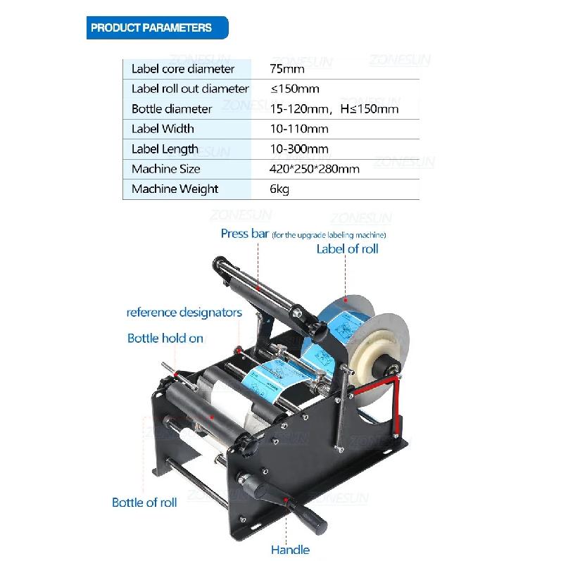 ZONESUN Manuelle Etikettiermaschine Mit Griff Etikettenapplikator Metall Runde Flaschenverpackungsmaschine Flaschenetikettierer ZS-50P
