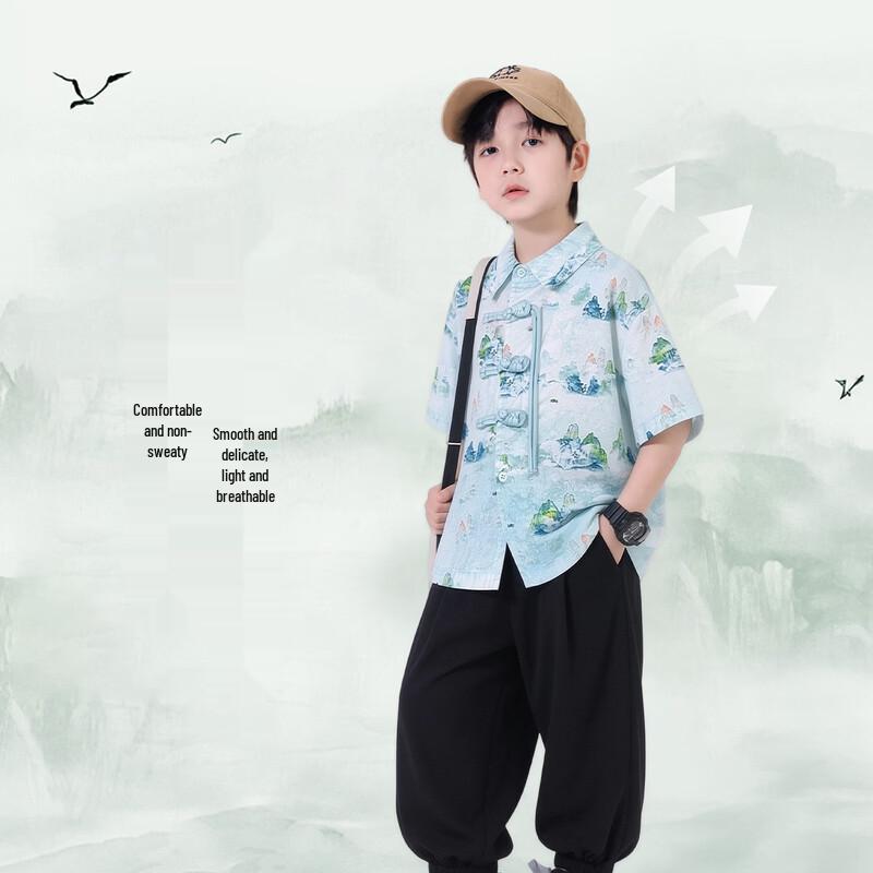 Boys' Summer Chinese Style Hanfu Short Sleeve Set