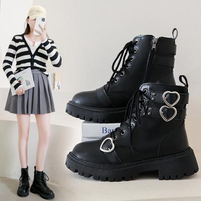 Heart Buckle Chunky Platform Ankle Boots Women Autumn Pu Leather Thick Bottom Short Boots Woman Black Motorcycle Shoes
