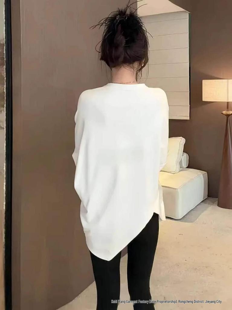 White Irregular Split Long Sleeve Women's Mid-Length Fleece T-Shirt for Spring, Autumn, and Winter