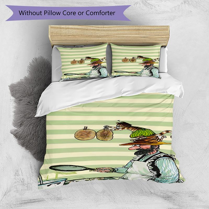 3pcs Duvet Cover Set (1*Duvet Cover + 2*Pillowcase, Without Core), Pettersson und Findus Print Bedding Set, Bedroom Decor, All‑Season, Birthday Gift