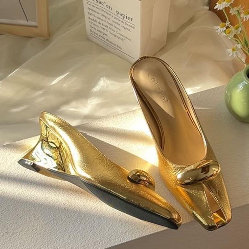 Designer Womens Shoes Summer Square Toe Slippers Metal Buckle Casual Banquet Party Mules Slides Comfortable Fashion