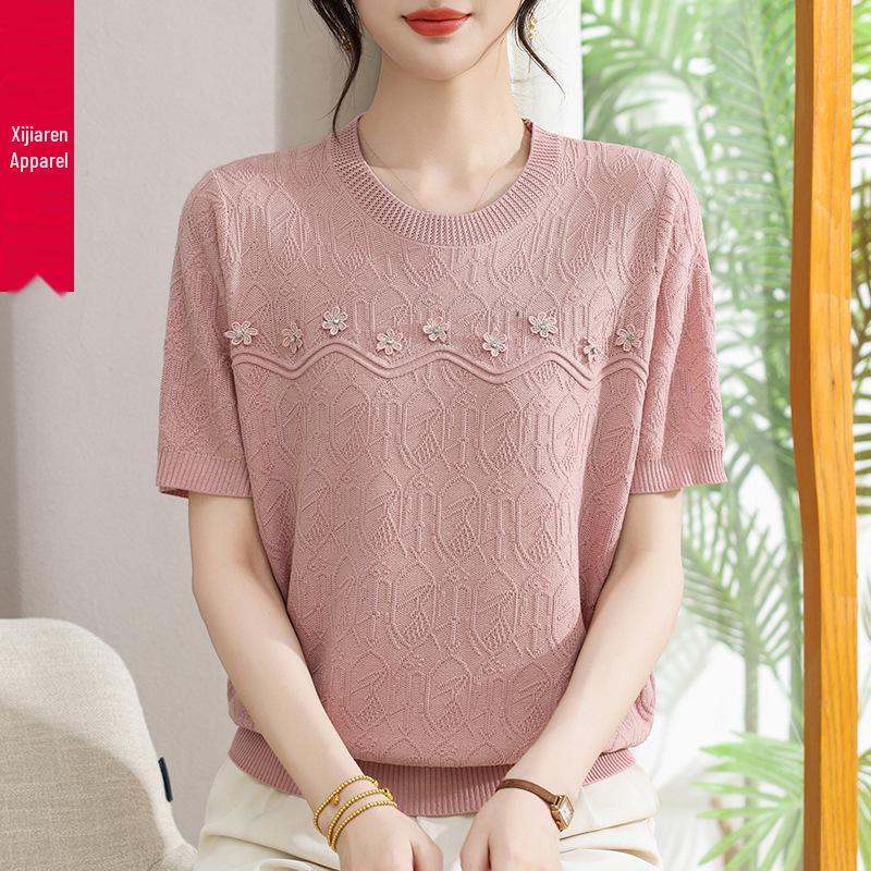 Stylish Round Neck Jacquard Ice Silk Knit Top for Mothers - Short Sleeve Summer Wear for Middle-aged and Elderly