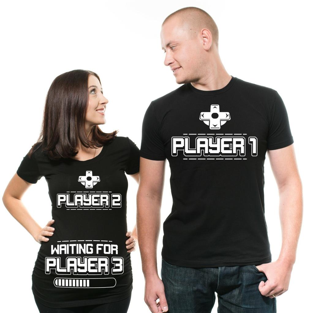 Waiting for Player 3 Dad Mom Maternity Couple Shirts Gamer Parents Tshirt