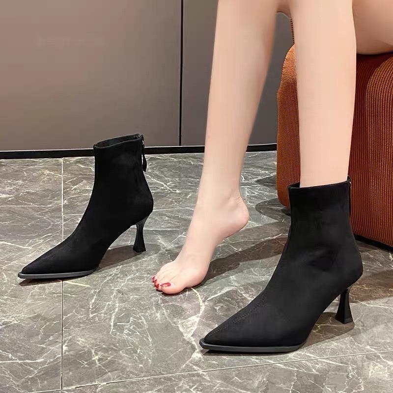 

Женские осенние новые ботильоны на шпильке с острым носком, тонком каблуке и задней молнии, эластичные ботинки с леопардовым принтом, тонкие модные ботинки Мартин 35 чёрный