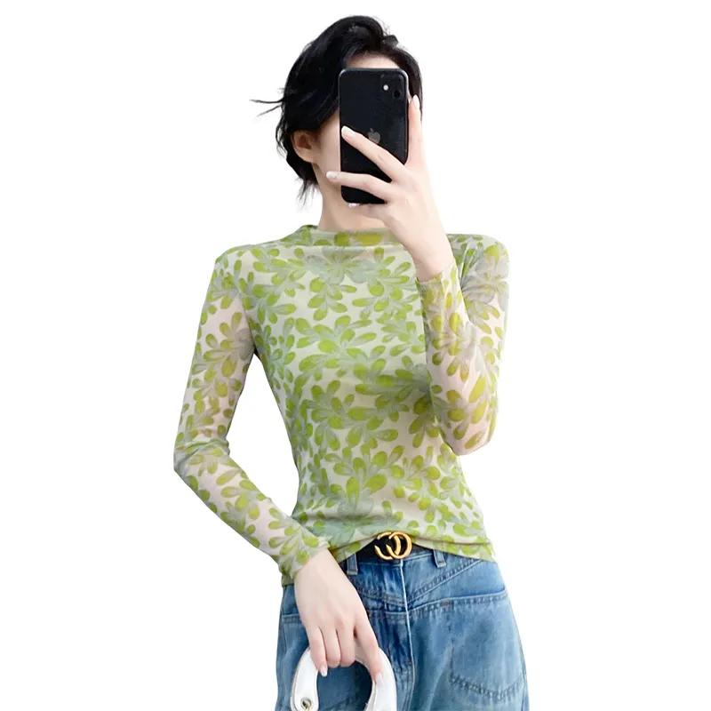 

Women Leaf Print Mesh Long Sleeve Mock Neck T Shirt S