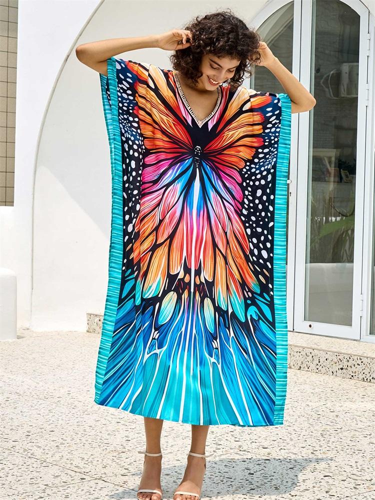 EDOLYNSA Boho Butterfly Print V-neck Plus Size Kaftan Women Vacation Beach Dress 2025 Summer Swimwear Cover Up Loose Cozy Homewear Q1674