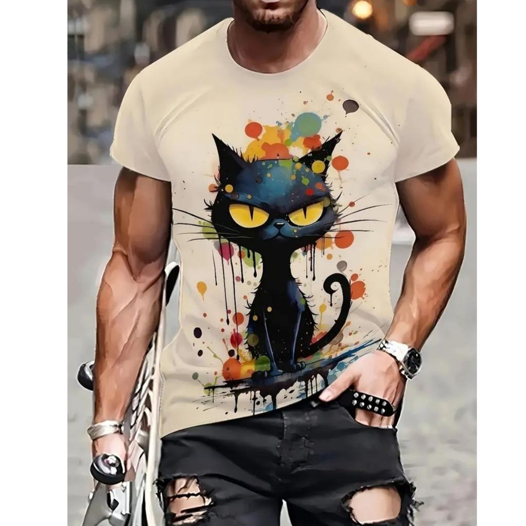 Summer Men's T Shirt Short Sleeve Animal Print Casual O-Neck Oversized Pullover Fashion Streetwear Male Clothing Cat T-Shirts