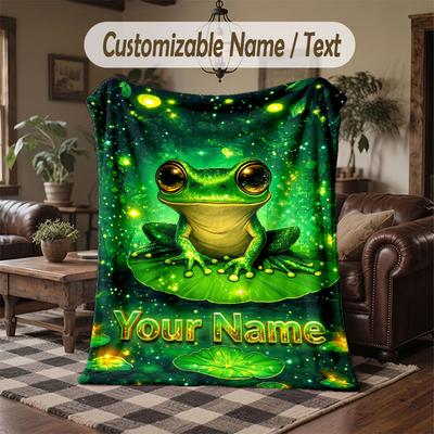 Frog Theme Throw Blanket Custom Name Text Personalized Blanket Soft Cozy Blanket for Home Sofa Bed