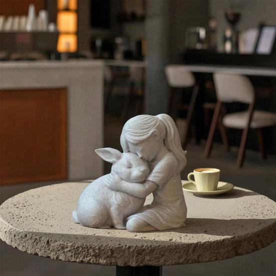 Girl And Bunny Figurine, 3D Printed Girl Embrace Rabbit Statue, Small Cute Animal Ornament for Living Room, Desk, Cabinet Decor