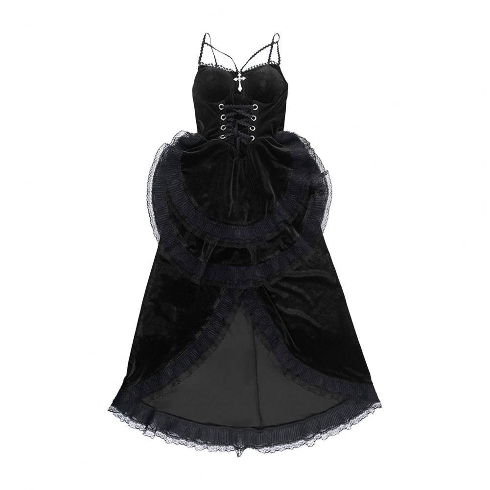 Women Cosplay Dress Dark Style Halloween Party Costume Lace Patchwork Irregular Hem Sleeveless Tight Waist Ruffles Adjustable Wa