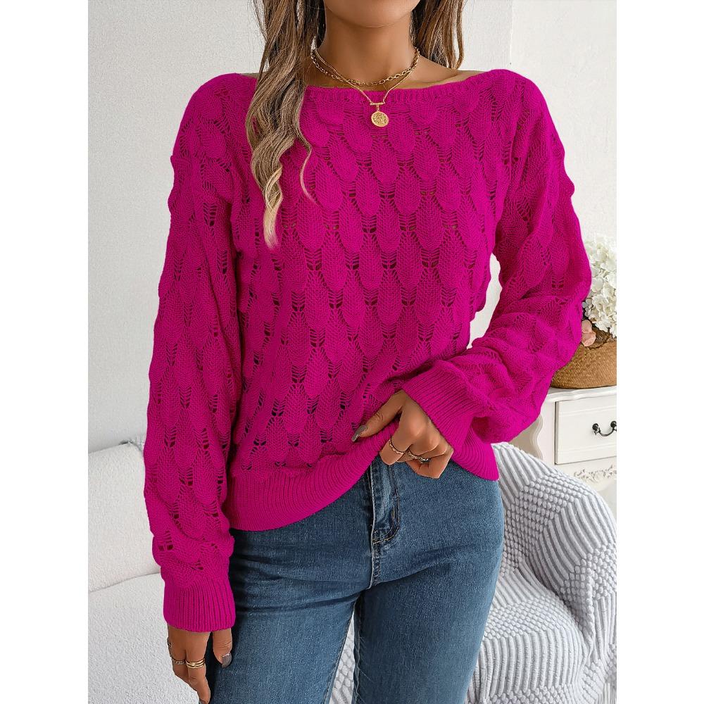Autumn/Winter Women's Knitted Sweater Casual Feather-Patterned Openwork Off-the-Shoulder Sweater Featuring Bell Sleeves
