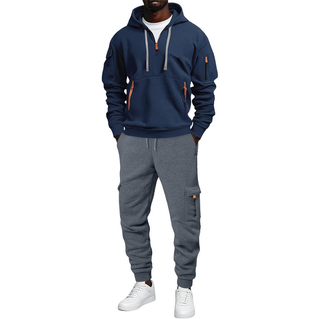 Men's Color Casual 2 Piece Set, Loose Hoodie with Pocket and Multi-Pocket Cargo Pants