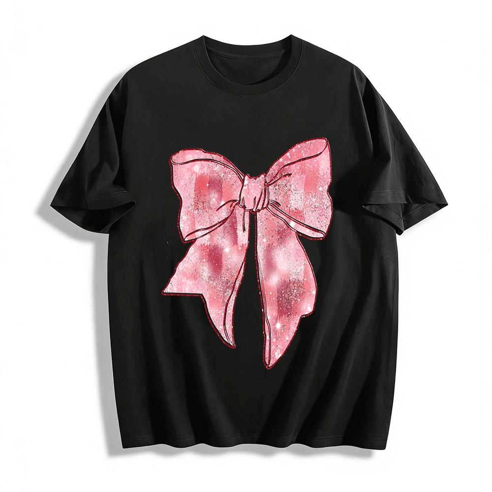 Glitter Pink Bow Print Casual Top Sweet Girl Style Loose Tee Pure cotton T-shirt XXS
