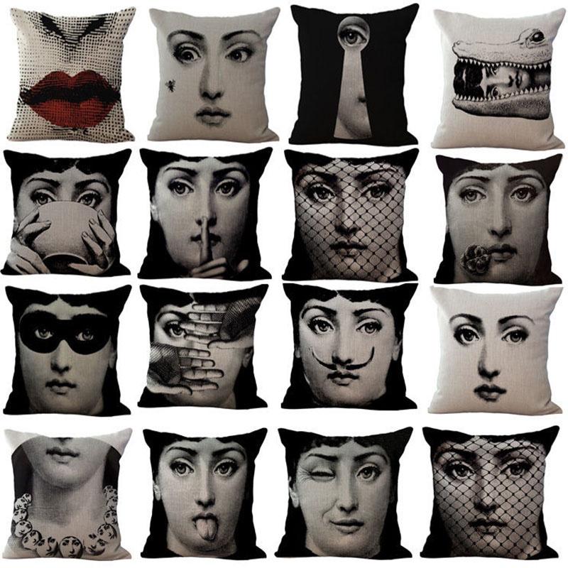Unique Linen Vintage Piero Fornasetti Face Throw Pillow Case With Artistic Face Illustration