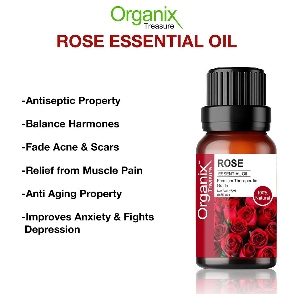 Organix Treasure Rose Essential Oil Pure and Natural Therapeutic Grade Steam Distilled Oil for Skin Care, Hair Care, and Aromatherapy, 15ML