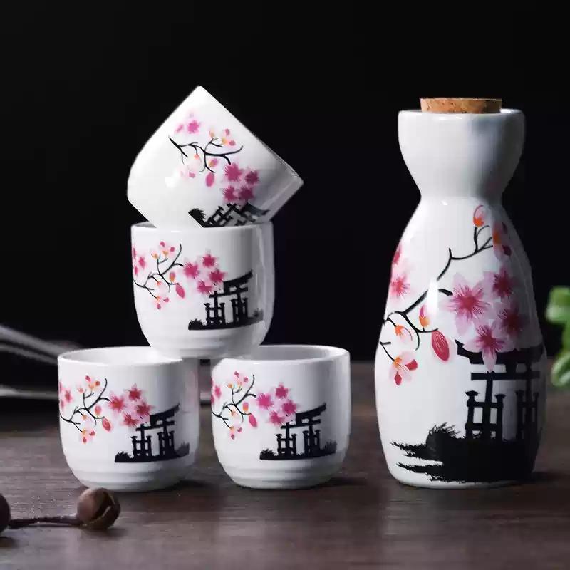 5-Piece Wine Set Japanese Maneki Neko Ceramic Sake Set (1 TOKKURI Bottle 200ml and 4 OCHOKO Cup) Lucky Cat Drinkware