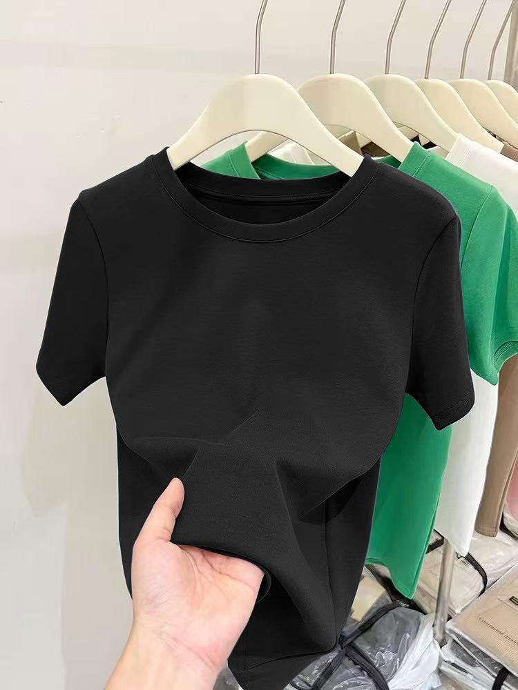 Women's Pink Thickened Brushed Cotton Short Sleeve T-shirt - Korean Style, Straight Shoulder, Round Neck for Spring, Summer, Autumn (2026 New)