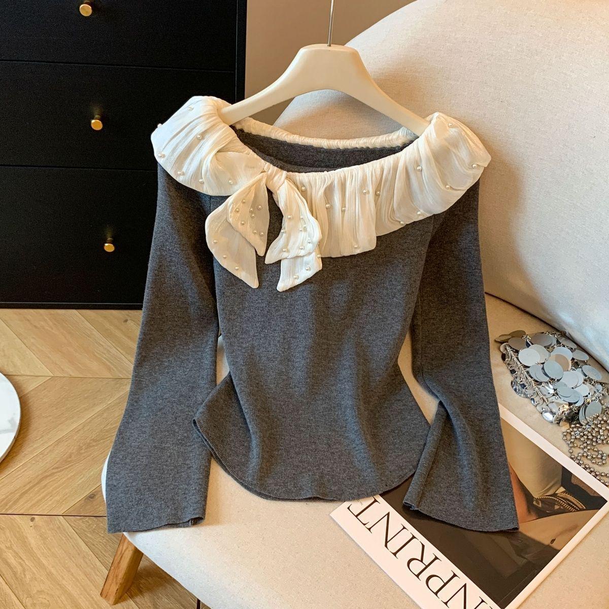 Летний вязаный топ с жемчужным бантом, открытыми плечами, длинным рукавом - Женский, элегантный, стройнящий XL серый