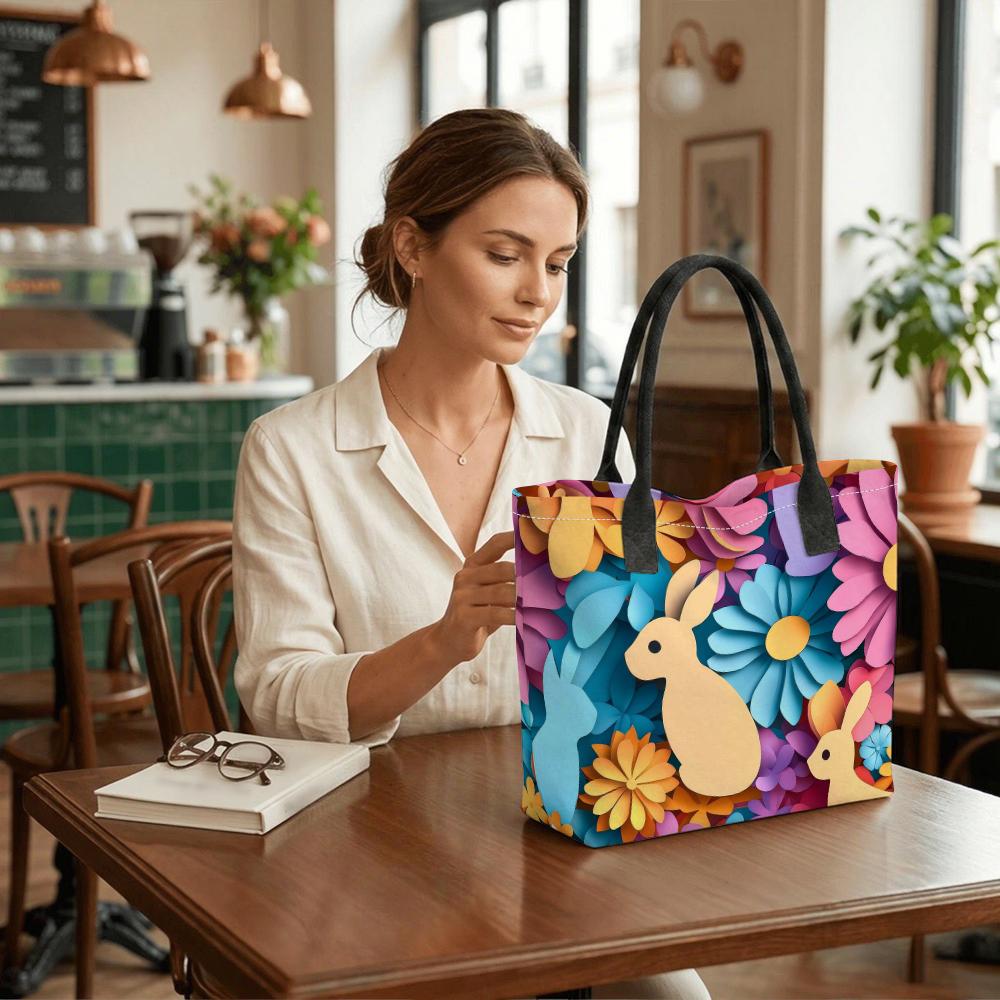 Floral Bunny Printed Tote Bag Large Capacity Casual Shoulder Handbag for Daily Use