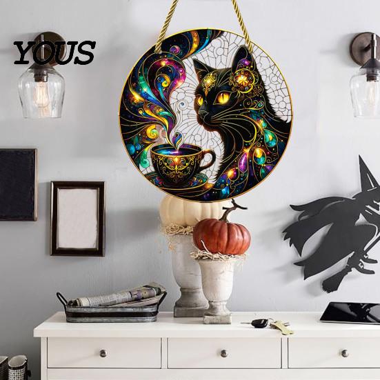Decorative Window Sun Catcher Stained Glass Style Black Cat And Magic Coffee Cup Hanging Ornament for Wall Niche Pendant Decor, Acrylic Art Decor