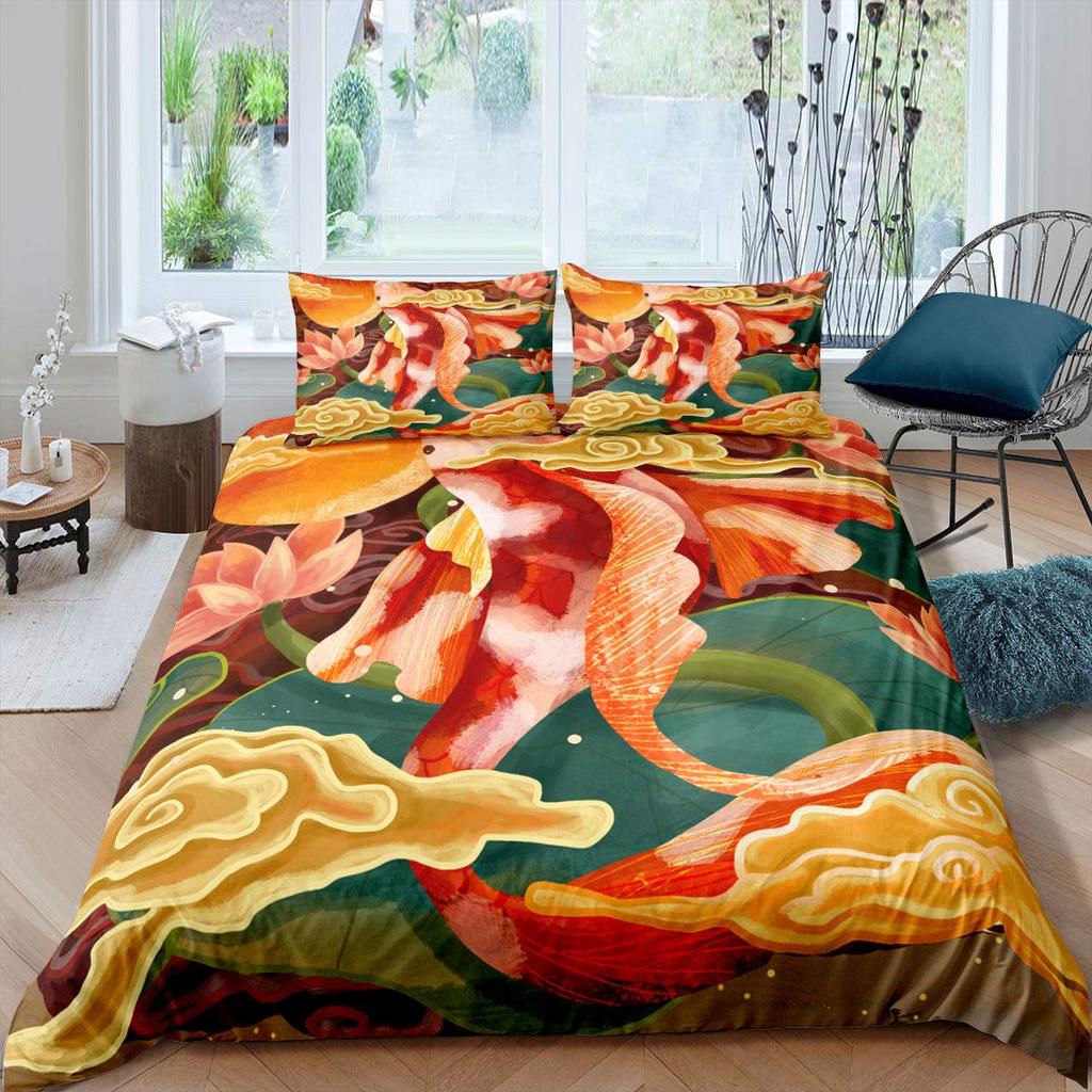 Koi Fish Duvet Cover Set King Queen Size Lucky Fish  Flowers Colourful 3D Print Comforter Cover for Kids Polyester Bedding Set
