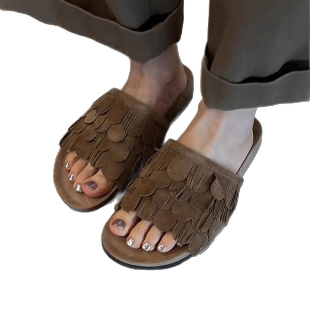 Sheepskin Version~ Old Money Style Retro Fashion Platform Beach Shoes Women's Tassel Flat Bottom Round Head Open Toe Cool Slippers