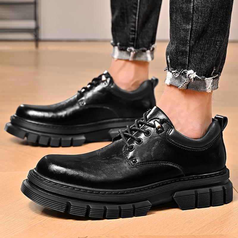 Men's Shoes Autumn British Business Dress Casual Leather Shoes Work Thick Bottom Extra Height, Black Big Head Fashion Shoes