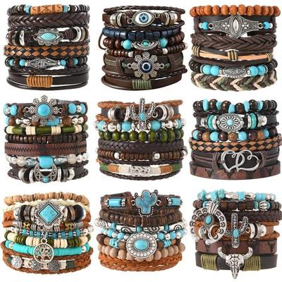 Boho Armband Set für Herren Leder Geflochtenes Wickelarmband mit Holzperlen Stierschädel & Böser Blick Anhänger Ethnisch Wikinger Stil Schmuck