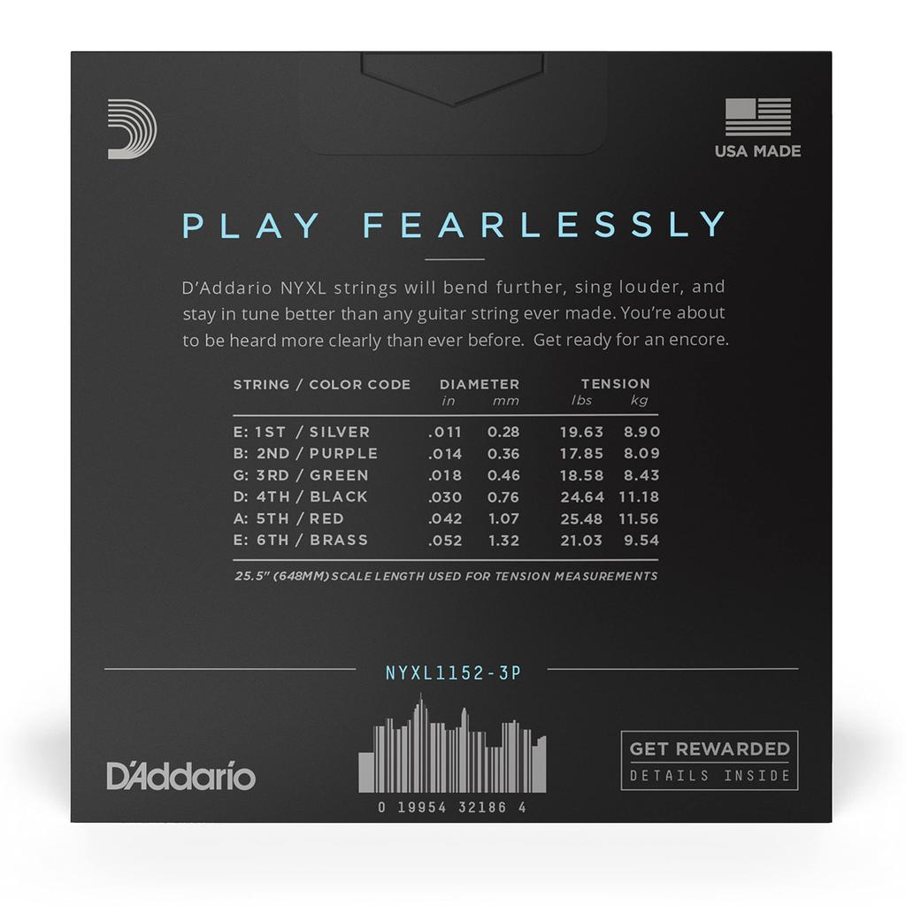Electric Guitar Strings NYXL Medium Bottom 3set Pack D'Addario Top/Heavy .011-.052 NYXL1152-3P []