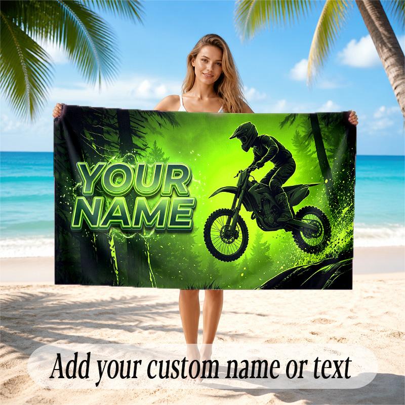 Motorcycle Biker Theme Quick Dry Beach Towel Custom Name Text Print Large Sand Resistant Towel Beach Vacation