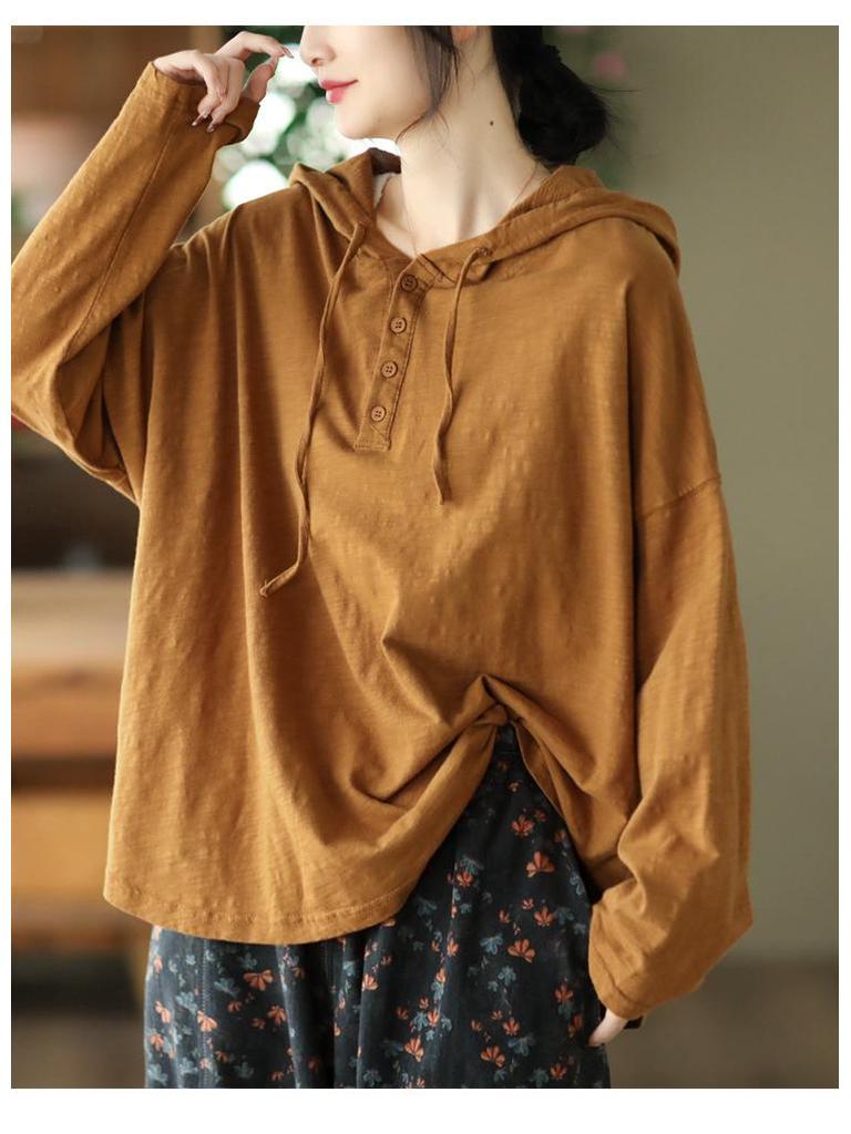 2025 Spring Retro Hooded Pullover: Women's Casual Loose Fit Solid Color Long Sleeve Sweatshirt