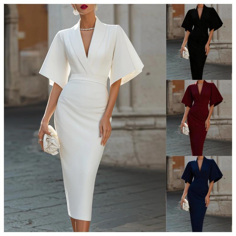 GMXIA Women's Fashion Summer Spring Short Sleeve V-Neck Solid Color Print Casual Dresses