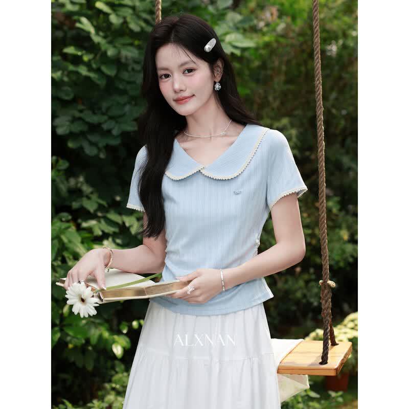 Women s French Style Blue Short Sleeve T-Shirt M