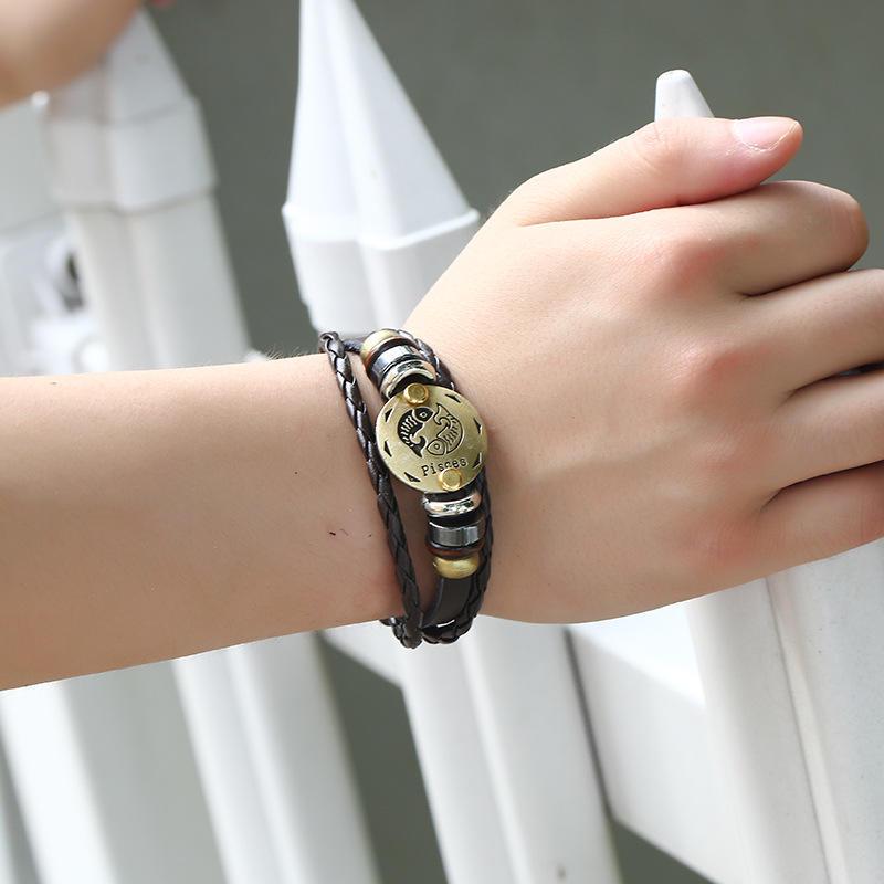 Vintage Zodiac Leather Cuff Bracelet Multi-Layer Chain Bracelet Adjustable Birthday Gift Jewelry