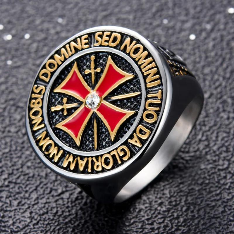 Anillos Dominantes de Caballeros Templarios para Hombres Color Plata Cruz Roja Incrustada Circonita Cúbica Anillo para Hombres Joyería Decoración