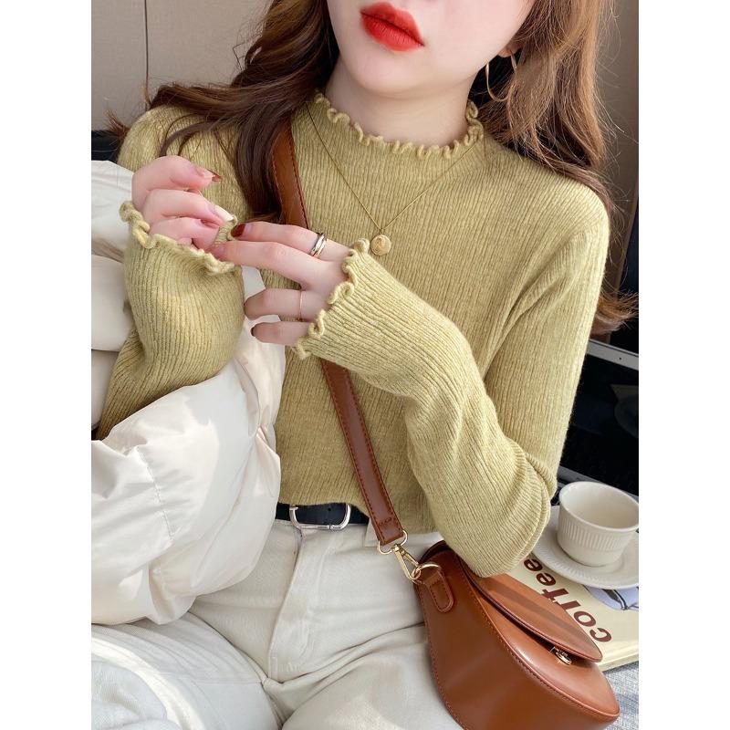 

Fungus edge bottoming shirt women s new autumn and winter with black semi-turtleneck sweater and white winter knitted top One size [recommended 80-60kg]