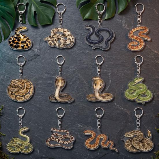 Portable Acrylic Decor 12Pcs 2D Snake Keychain Set, Lizard Reptile Insect Key Realistic Animal Ring Holder, Decorative Pendant for Backpacks Handbags