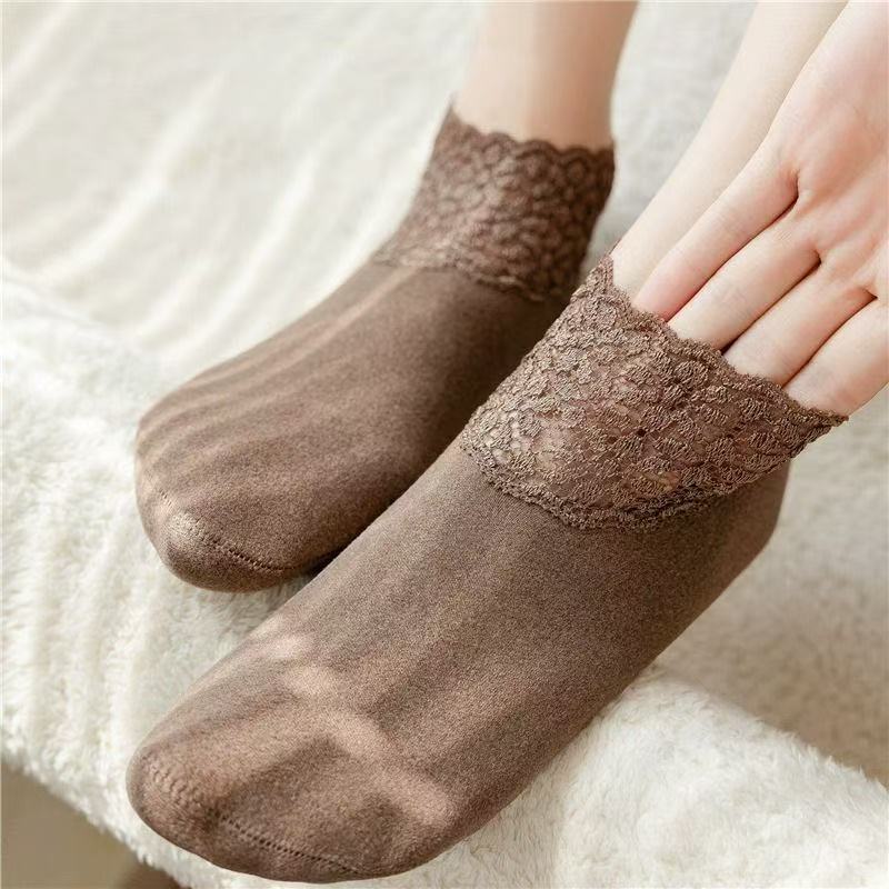 Women's Autumn Winter Thickened Warm Fleece Socks Lace Ankle Socks Non-slip Floor Socks