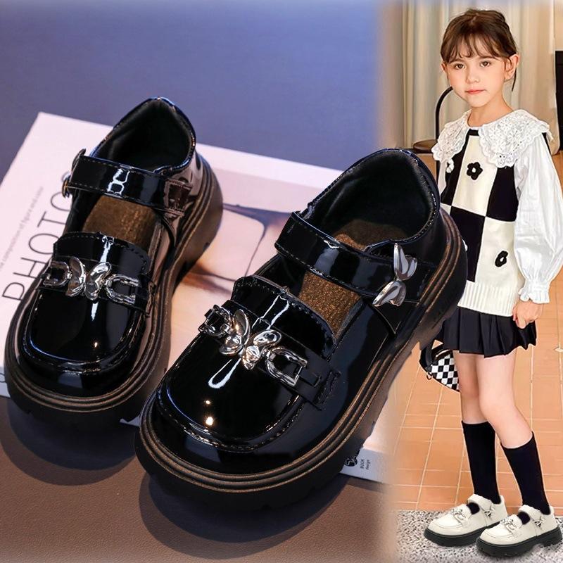 Kids Girls Black Patent Leather Butterfly Decor Mary Jane Shoes 26