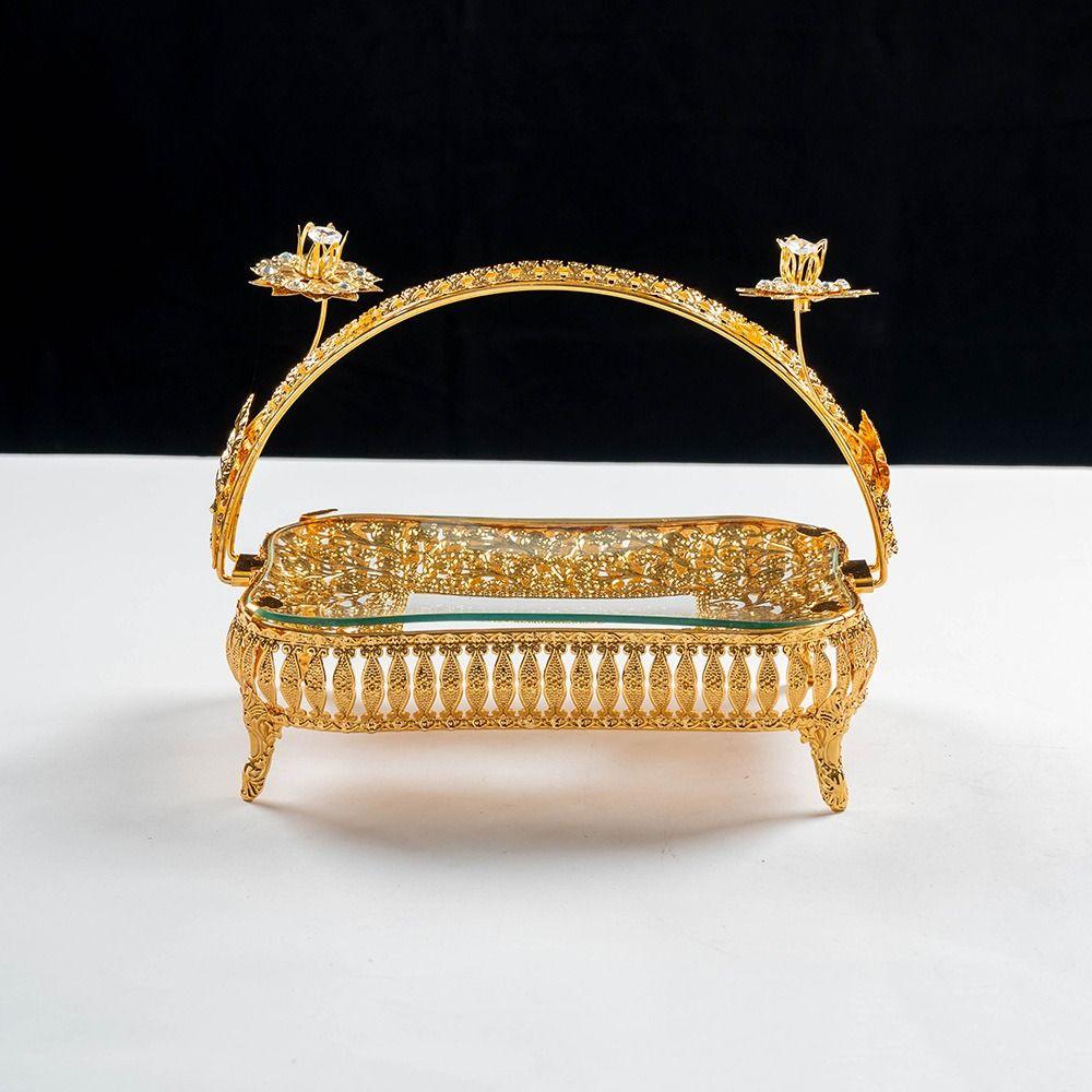 Desktop Ornament Metal Fruit Plate Creative Retro Storage Basket Handheld Multi-Function Golden Glass Plate Living Room