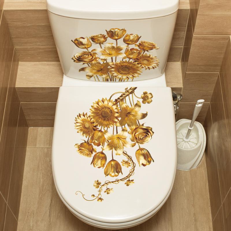 2 Sheets Bathroom Wall Background Decal Gold Flower Pearl Waterproof Toilt Sticker Home Decoration Self-Adhesive Posters