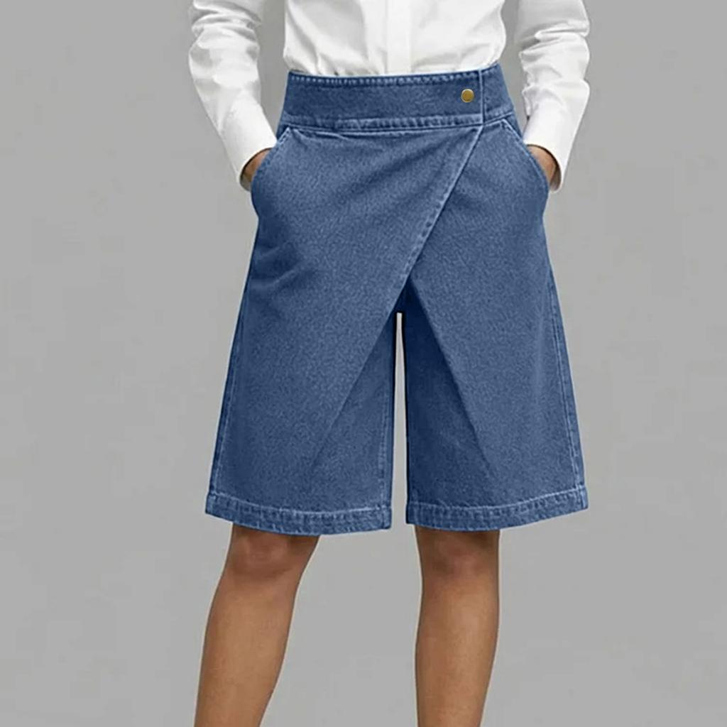 Womens High Waist Denim Bermuda Shorts Asymmetrical Front Wrap Design Knee Length Relaxed Fit Casual Shorts with Pockets