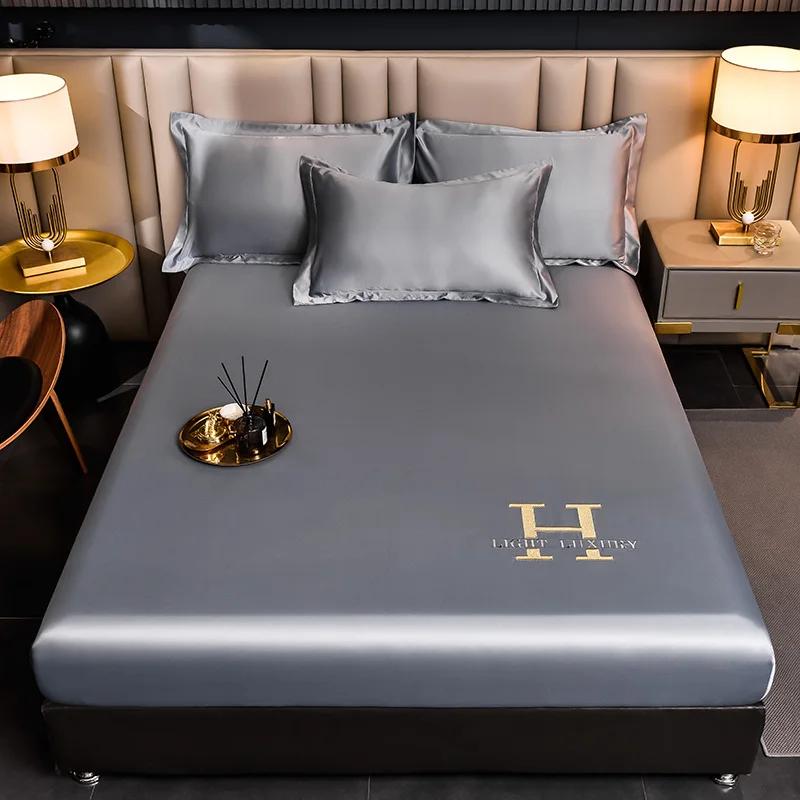 

Роскошная атласная простыня на резинке с вышивкой, однотонный чехол для матраса с резинкой, простыня, постельное белье, высококачественная простыня из вискозы 2xPillowcase 48x74cm