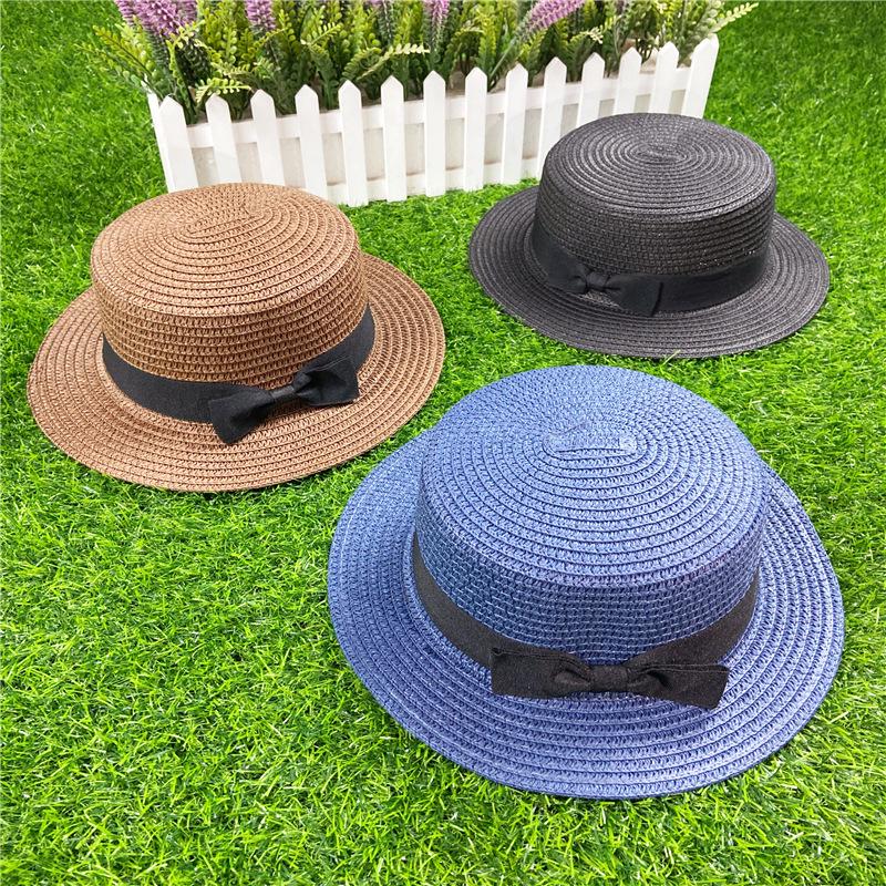 Korean Style Women's Straw Sun Hat with Flat Brim and Bow – Trendy Summer Beach Hat for Sun Protection