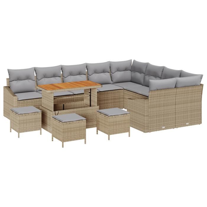 Ensemble de Canapé de Jardin vidaXL de 13 pièces avec Coussins Beige Poly Rattan Acacia 3362702