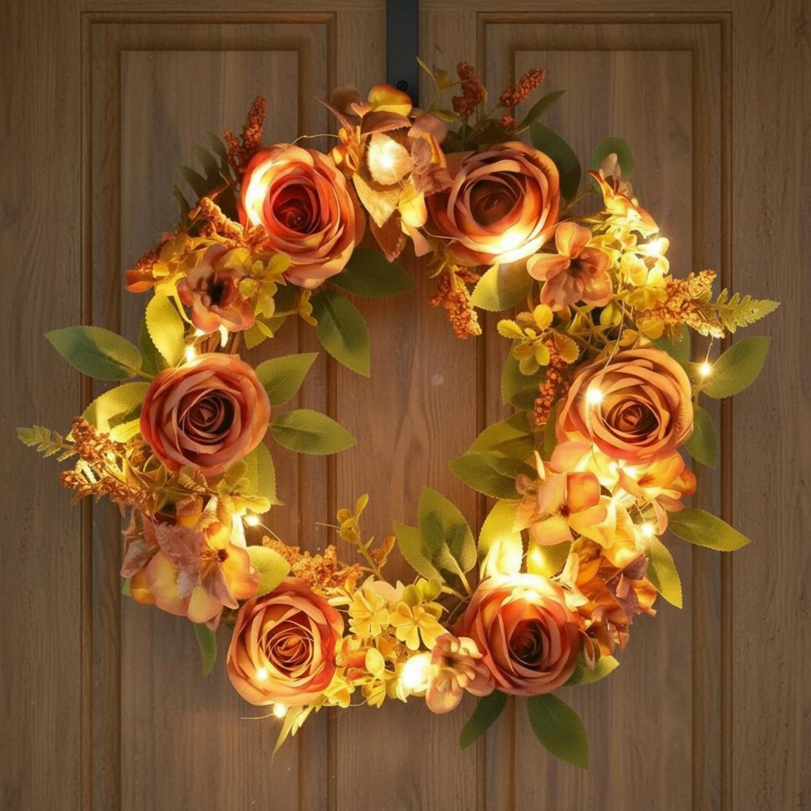 Pink Rose Wreath Green Leaves Artificial Round Wall Hanging with Light