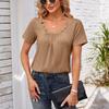 Women's Square-neck Top Pleated Solid Color Loose Button T-shirt