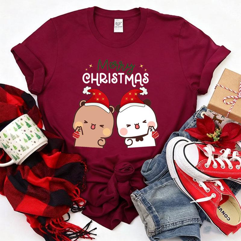 Merry Christmas Cute Funny Bubu Dudu Cartoon Emoticon Graphics Tshirt Ulzzang Men Woman Cotton Tees Trendy Holiday Party Shirt