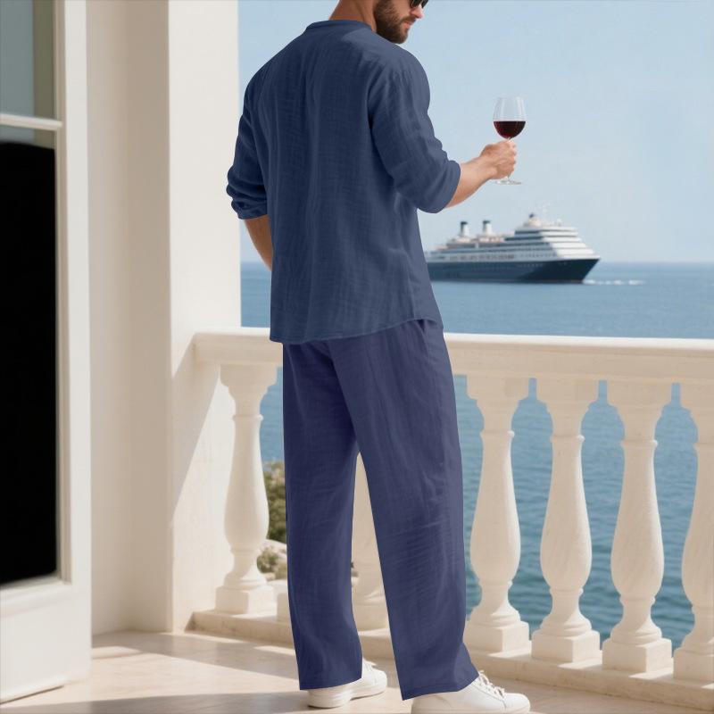 Conjunto de Linho Masculino: Conjunto Esportivo Casual para Praia, Gola V, Corte Amplo, Manga Longa